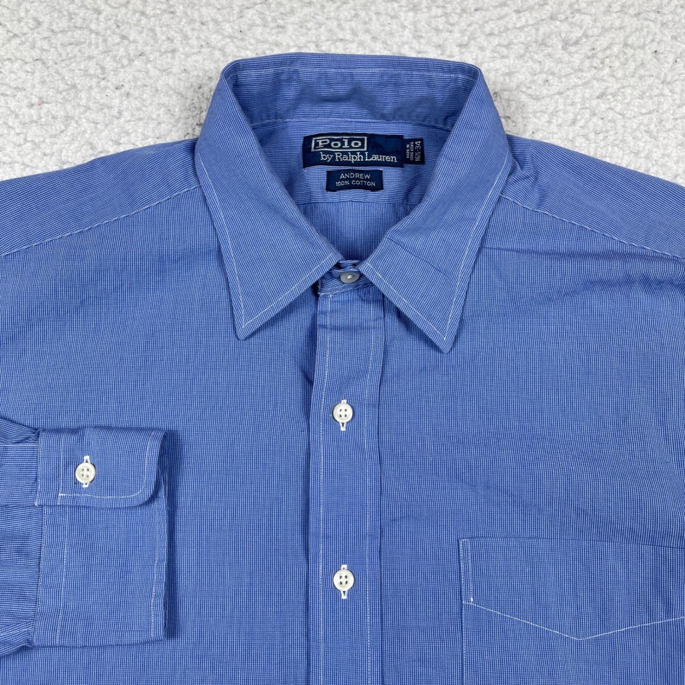 Polo Ralph Lauren Button Up Mens 16.5 34 Blue Andrew Micro Check Preppy Classic